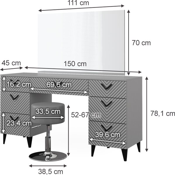Toaletní stolek Vicco Anett Šedá 150 cm s taburetem, Model 40714