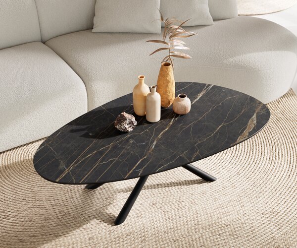 DELIFE Konferenční stolek Edge oválný 140x75 cm keramika Laminam® Noir Desir hnědá Sarity kov černá
