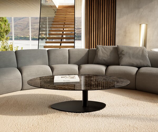 DELIFE Konferenční stolek Edge oválný 140x80 cm keramika Laminam® Emperador Extra Lucidato tmavě hnědá Vibany kov černá