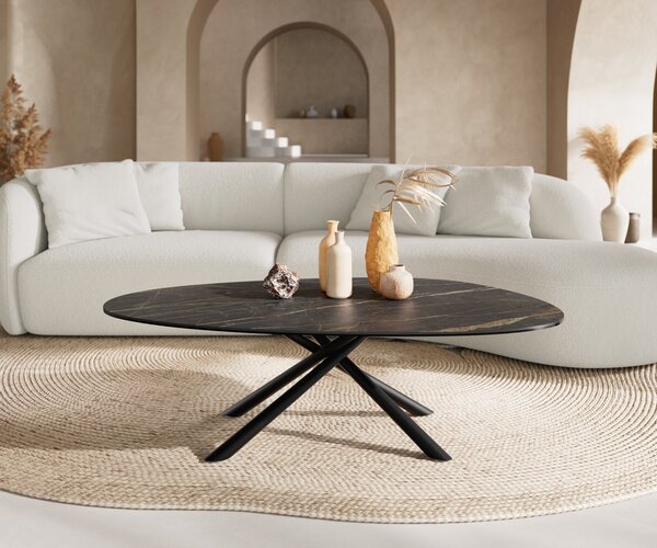 DELIFE Konferenční stolek Edge oválný 140x75 cm keramika Laminam® Noir Desir hnědá Sarity kov černá