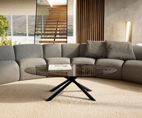 DELIFE Konferenční stolek Edge oválný 140x80 cm keramika Laminam® Emperador Extra Lucidato tmavě hnědá Sarity kov černá