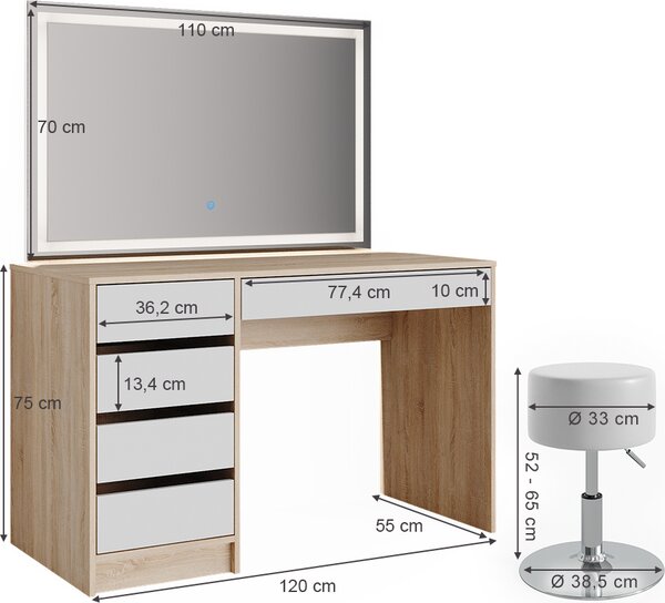 Toaletní stolek Vicco Sherry Bílá/Sonoma 120 cm se zrcadlem LED a stoličkou, Model 36921