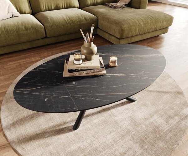 DELIFE Konferenční stolek Edge oválný 140x80 cm keramika Laminam® Noir Desir hnědá Sarity kov černá