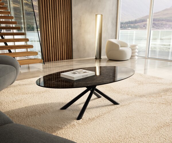 DELIFE Konferenční stolek Edge oválný 140x80 cm keramika Laminam® Emperador Extra Lucidato tmavě hnědá Sarity kov černá