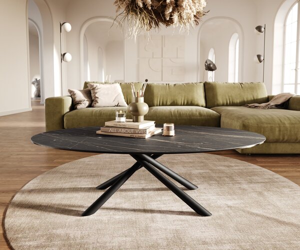 DELIFE Konferenční stolek Edge oválný 140x80 cm keramika Laminam® Noir Desir hnědá Sarity kov černá