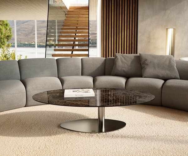 DELIFE Konferenční stolek Edge oválný 140x80 cm keramika Laminam® Emperador Extra Lucidato tmavě hnědá Vibany nerezová ocel broušená
