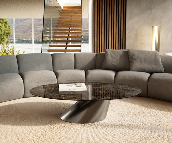 DELIFE Konferenční stolek Edge oválný 140x80 cm keramika Laminam® Emperador Extra Lucidato tmavě hnědá Conis nerezová ocel broušená