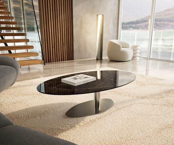 DELIFE Konferenční stolek Edge oválný 140x80 cm keramika Laminam® Emperador Extra Lucidato tmavě hnědá Vibany nerezová ocel broušená