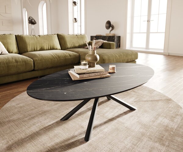 DELIFE Konferenční stolek Edge oválný 140x80 cm keramika Laminam® Noir Desir hnědá Sarity kov černá