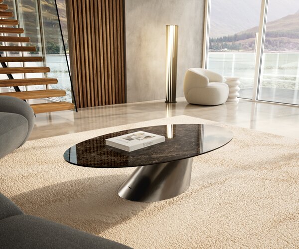 DELIFE Konferenční stolek Edge oválný 140x80 cm keramika Laminam® Emperador Extra Lucidato tmavě hnědá Conis nerezová ocel broušená