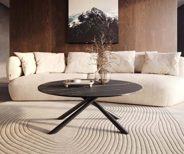 DELIFE Konferenční stolek Edge kulatý 100x100 cm keramika Laminam® Noir Desir hnědá Sarity kov černá