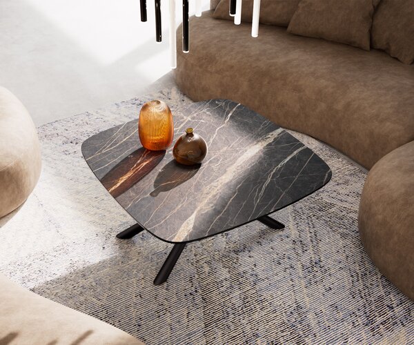 DELIFE Konferenční stolek Edge Boot 90x90 cm keramika Laminam® Noir Desir hnědá Sarity kov černá
