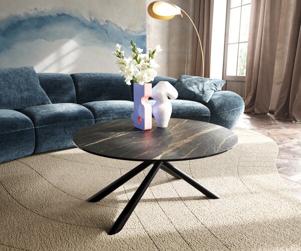 DELIFE Konferenční stolek Edge kulatý 90x90 cm keramika Laminam® Noir Desir hnědá Sarity kov černá