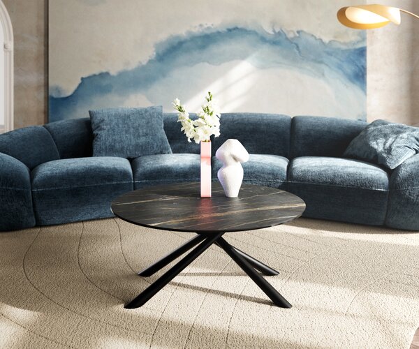 DELIFE Konferenční stolek Edge kulatý 90x90 cm keramika Laminam® Noir Desir hnědá Sarity kov černá