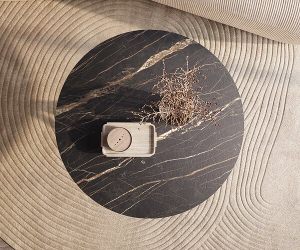 DELIFE Konferenční stolek Edge kulatý 100x100 cm keramika Laminam® Noir Desir hnědá Sarity kov černá