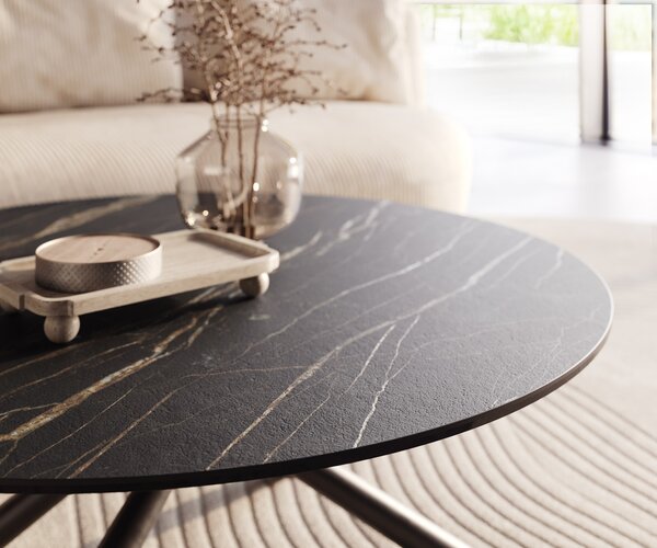 DELIFE Konferenční stolek Edge kulatý 100x100 cm keramika Laminam® Noir Desir hnědá Sarity kov černá