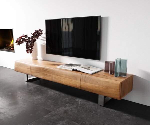 DELIFE TV stolek New Live-Edge 200 cm akácie přírodní 4 dvířka tenká podnož nerezová ocel broušená
