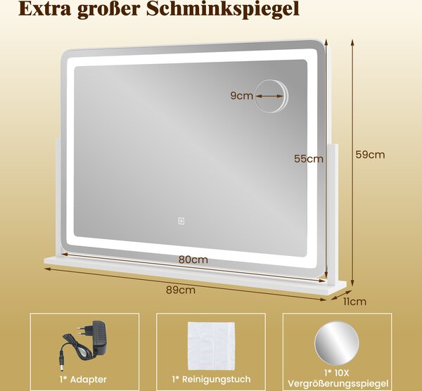 Kosmetické zrcátko COSTWAY s osvětlením, 10x zvětšení, 3 barvy světla a dotykové ovládání, hollywoodské zrcadlo otočné o 360°, 80x55 cm