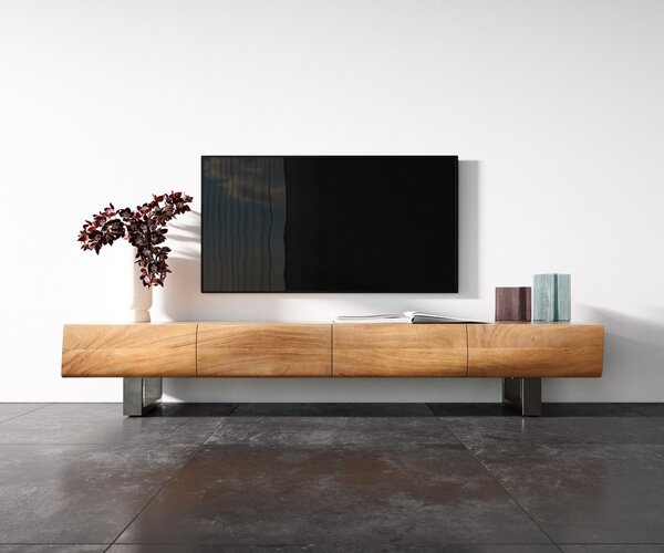 DELIFE TV stolek New Live-Edge 200 cm akácie přírodní 4 dvířka tenká podnož nerezová ocel broušená