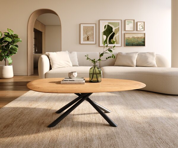 DELIFE Konferenční stolek Edge oválný 140x75 cm dub přírodní kulatá hrana Sarity kov černá