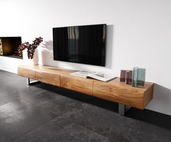 DELIFE TV stolek New Live-Edge 240 cm akácie přírodní 4 zásuvky tenká podnož nerezová ocel broušená