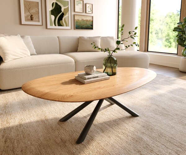 DELIFE Konferenční stolek Edge oválný 140x75 cm dub přírodní kulatá hrana Sarity kov černá