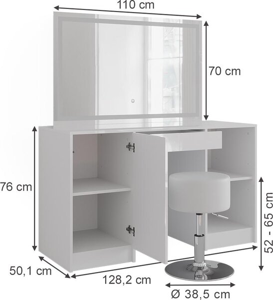 Toaletní stolek Vicco Sherry Bílá/bílý vysoký lesk 128.2 cm s LED zrcadlem a taburetem, Model 57624