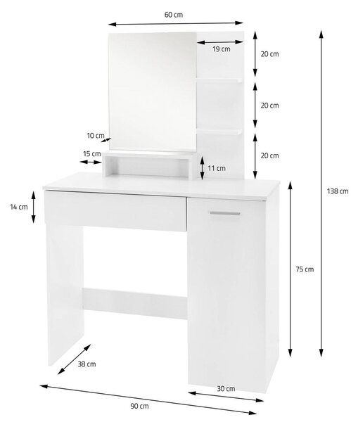 WOHNLING Toaletní stolek, 90 cm, bílý. Moderní toaletní stolek s policí a zrcadlem. Bílá komoda s zásuvkou a dvířky. Velký moderní stolek na líčení
