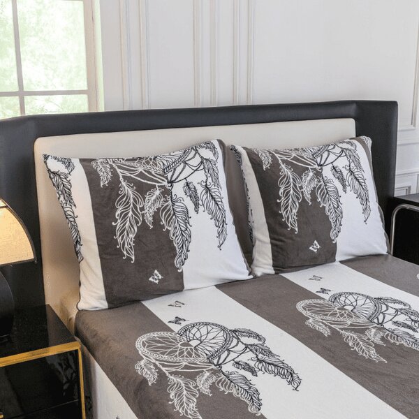 Sada mikroplyšového povlečení TIRSO šedo-bílé + prostěradlo mikroplyš SOFT 90x200 cm bílé, jednolůžko