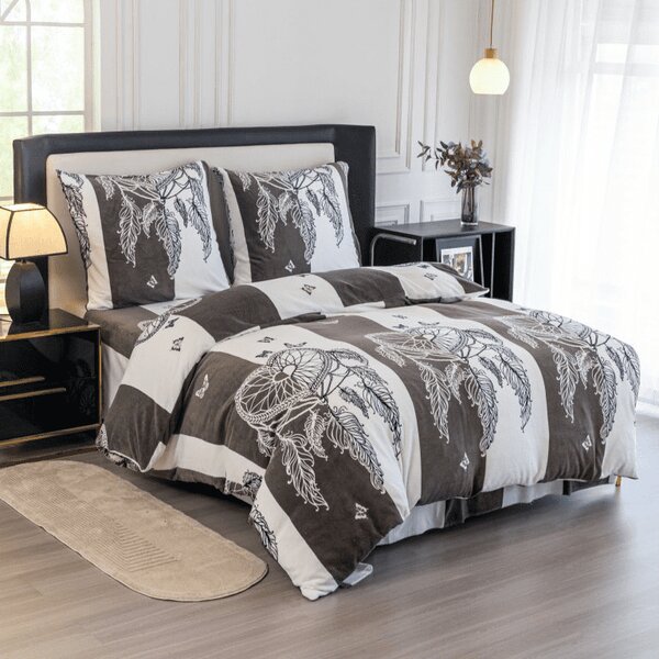 Sada mikroplyšového povlečení TIRSO šedo-bílé + prostěradlo mikroplyš SOFT 90x200 cm bílé, jednolůžko