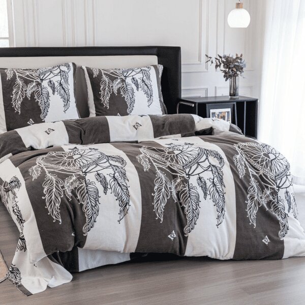Sada mikroplyšového povlečení TIRSO šedo-bílé + prostěradlo mikroplyš SOFT 90x200 cm bílé, jednolůžko