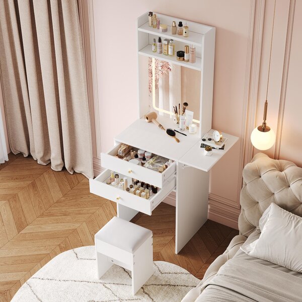 Toaletní stolek Flieks Make-up stolek se skládací deskou, toaletní stolek s taburetem a zrcadlem s LED osvětlením, 50-75x45x156 cm, bílý