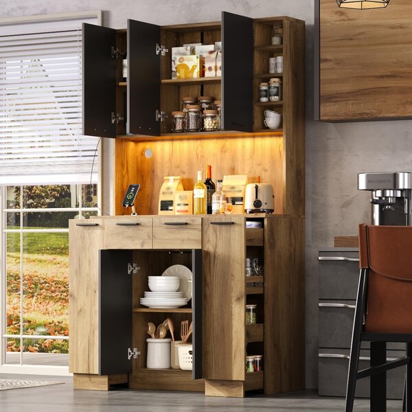 Kuchyňská skříňka s LED osvětlením, kuchyňská polička se zásuvkou, vertikální výsuvná přihrádka na koření se 4 úrovněmi, vysoká skříň, vysoký regál 100x40x180 cm, černá barva + přírodní Imitace