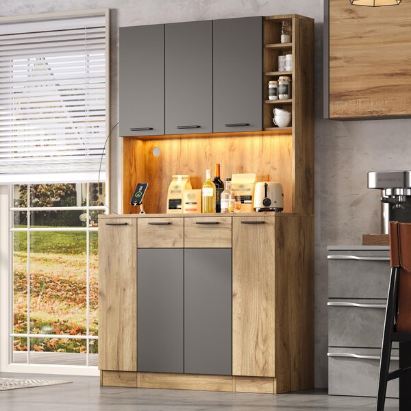 Kuchyňská skříňka s LED osvětlením, kuchyňská polička se zásuvkou, vertikální výsuvná přihrádka na koření se 4 úrovněmi, vysoká skříň, vysoký regál 100x40x180 cm, černá barva + přírodní Imitace