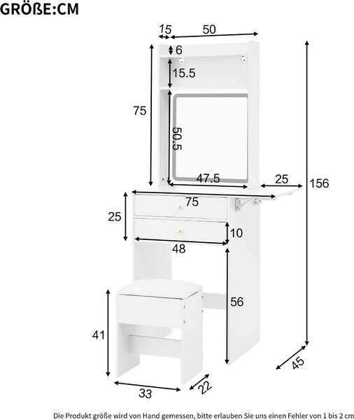 Toaletní stolek Flieks Make-up stolek se skládací deskou, toaletní stolek s taburetem a zrcadlem s LED osvětlením, 50-75x45x156 cm, bílý