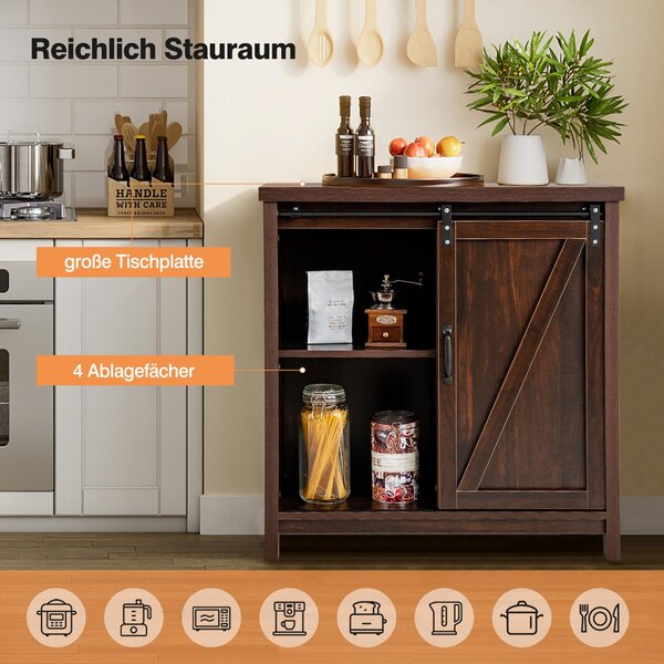 Rozkládací skříňka se širokou horní deskou a 4 přihrádkami, posuvné dveře, 4 protiskluzové nožičky, elegantní příborník do kuchyně, 80 x 40 x 82 cm (d x š x v), hnědá barva