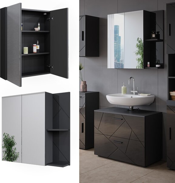 Skříňka se zrcadlem do koupelny Vicco Irma Antracit vysoký lesk/antracit 80 x 75 cm, Model 52079