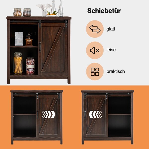 Rozkládací skříňka se širokou horní deskou a 4 přihrádkami, posuvné dveře, 4 protiskluzové nožičky, elegantní příborník do kuchyně, 80 x 40 x 82 cm (d x š x v), hnědá barva