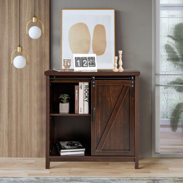 Rozkládací skříňka se širokou horní deskou a 4 přihrádkami, posuvné dveře, 4 protiskluzové nožičky, elegantní příborník do kuchyně, 80 x 40 x 82 cm (d x š x v), hnědá barva