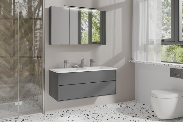 ByLIVING SPREE zrcadlová skříňka / Matný antracitový korpus se zrcadlovými dvířky / Nástěnná skříňka s funkcí tichého zavírání / Včetně LED osvětlení / Koupelnová skříňka se zásuvkou a spínací skříňkou / Š 100, V 60, H 20 cm