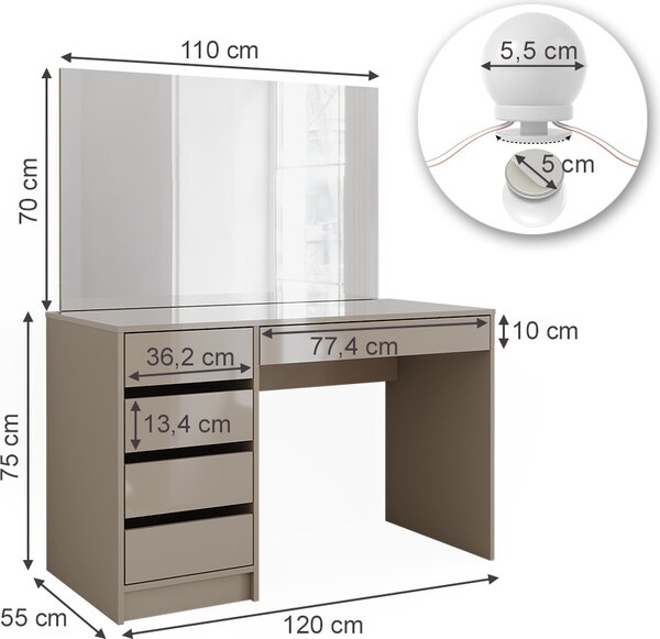 Toaletní stolek Vicco Sherry Greige 120 cm s řetězem LED, Model 47706