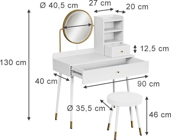 Toaletní stolek Vicco Mirela Bílá 90 cm s LED zrcadlem a taburetem, Model 56651