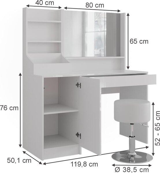 Toaletní stolek Vicco Sherry Bílá/bílý vysoký lesk 119.8 cm 4 díly, Model 57620
