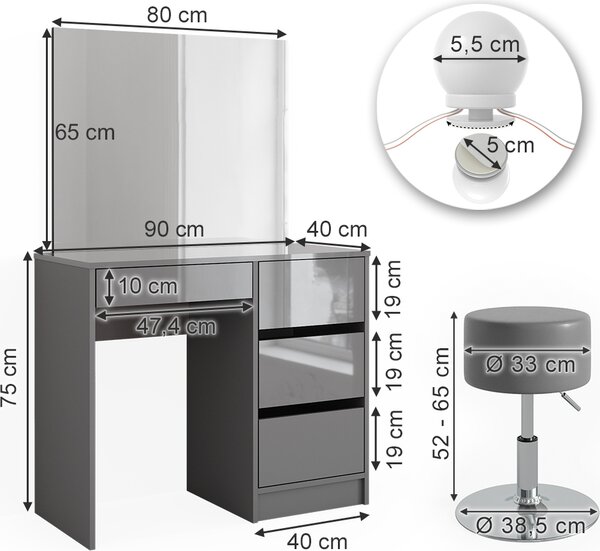 Toaletní stolek Vicco Sherry Šedá 90 cm s osvětlením LED a stoličkou, Model 41285