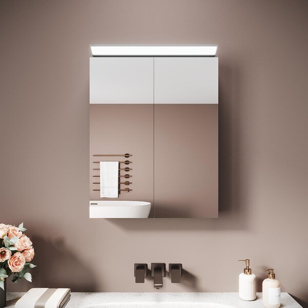 Sonni dvoudveřová zrcadlová skříňka z nerezové oceli 52 x 65 x 12 cm stříbrno-bílá Se zrcadlovým osvětlením Snadno se čistí