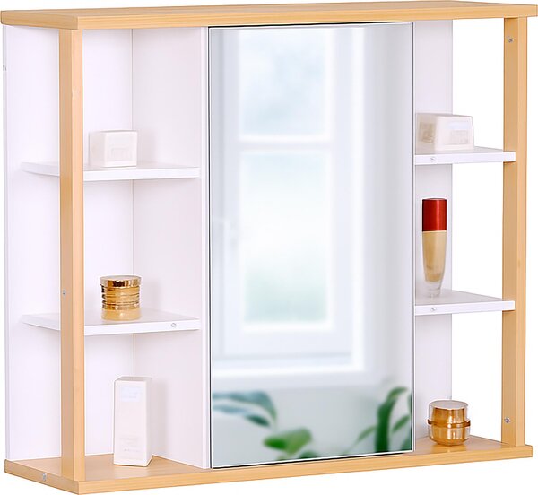 Zrcadlová skříňka Relaxdays, 6 polic, 2 vnitřní přihrádky, VxŠxH: 64 x 62 x 21 cm, montáž na zeď, závěsná koupelnová skříňka, bílá/přírodní