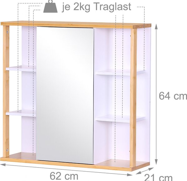 Zrcadlová skříňka Relaxdays, 6 polic, 2 vnitřní přihrádky, VxŠxH: 64 x 62 x 21 cm, montáž na zeď, závěsná koupelnová skříňka, bílá/přírodní