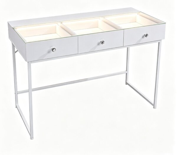 VANITII Kosmetický stolek s LED osvětlením, 3 zásuvkami, bílý, rozměry 115 x 55 x 81 cm