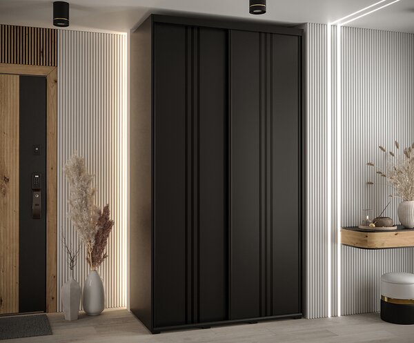 Šatní skříň s posuvnými dveřmi DAVOS 6, 140cm | Černá / černé pojezdy