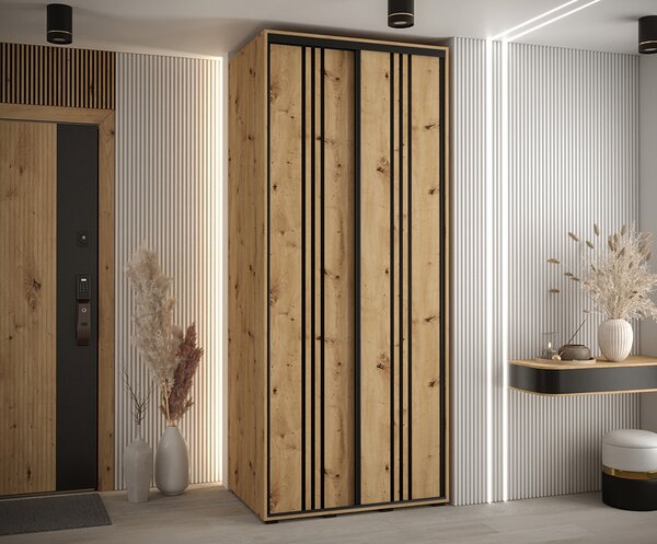 Šatní skříň s posuvnými dveřmi DAVOS 6, 100cm | DUB Artisan / černé pojezdy